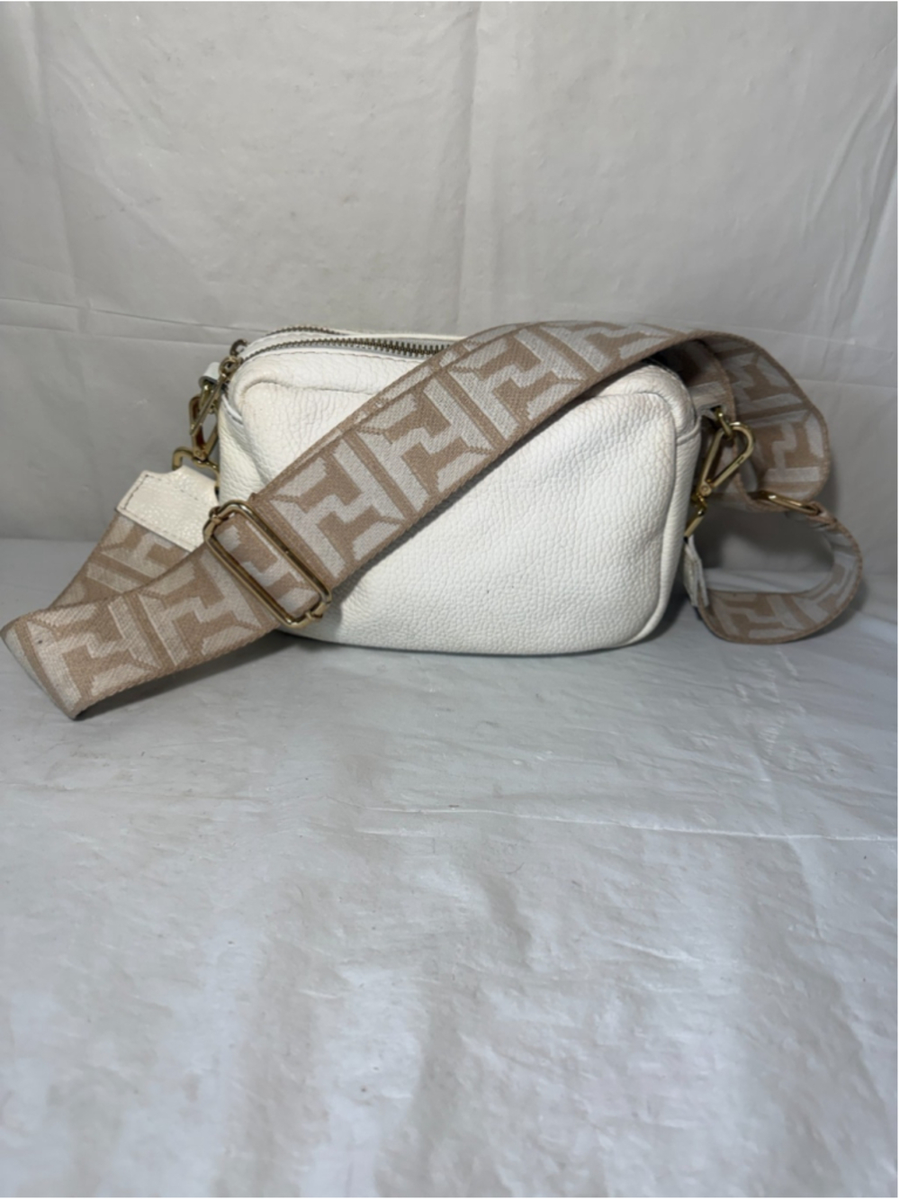 Italy Camera bag White Leather Crossbody Bag Wide FF Strap Crossbody Bag